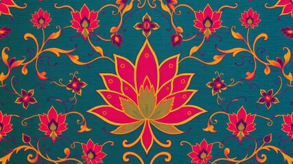 A vibrant teal textile features a detailed lotus flower pattern in shades of pink gold and purple creating a rich ornate design.