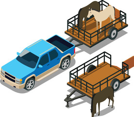 Isometric truck towing caged trailer with horse