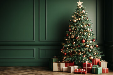 Elegant Christmas tree with presents in a green room