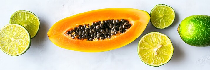 Ripe papaya half with lime wedges.  Tropical fruit