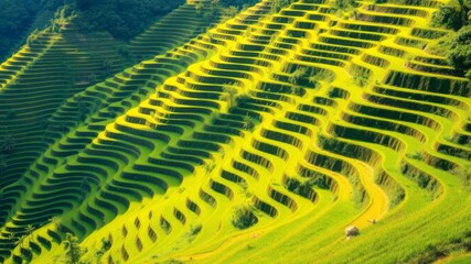 Lush green rice terraces cascade down a mountainside in vibrant sunlight creating a breathtaking landscape view perfect for travel and nature