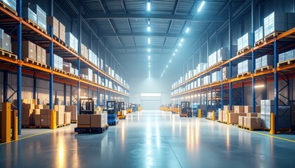 Modern Warehousing Facility with Pallets and Forklifts in Action