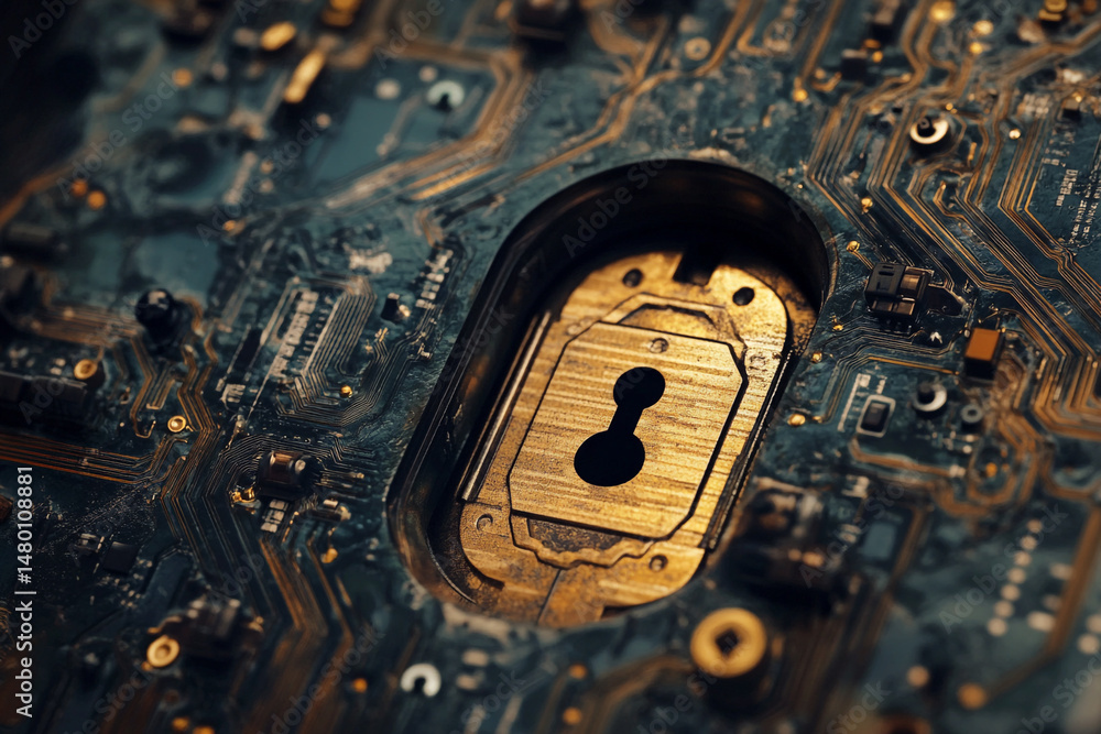 Poster circuit board detail showing a keyhole shaped component signifying security or data protection