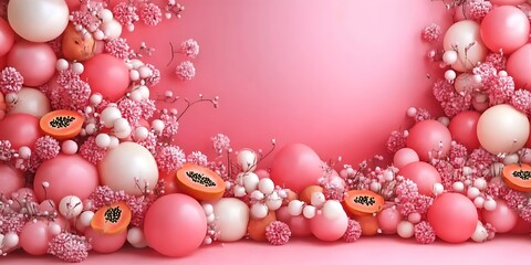 An artful arrangement of spherical forms, floral elements and papaya slices against a soft pink backdrop