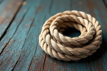 Fototapeta premium Thick nautical rope coiled on weathered wood, showing texture and wear , braided rope, vintage