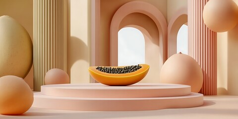 Papaya slice on a tiered platform, nestled within a minimalist, pastel-hued architectural setting featuring arches, pillars, and spherical elements