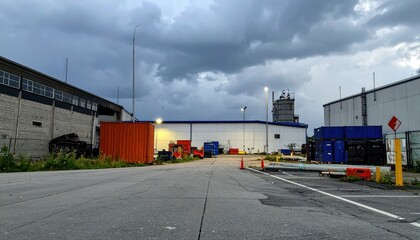 Obraz premium Industrial Warehouse with Shipping Containers under Dramatic Sky