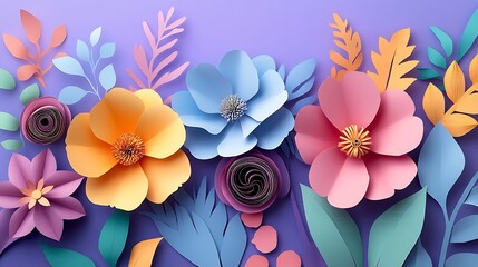 Colorful paper flowers and leaves arranged in a circular pattern on a purple background