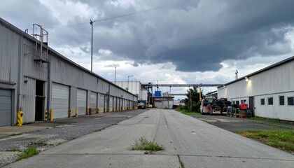 Obraz premium Empty Commercial Warehouse Alley Under Dark Cloudy Sky