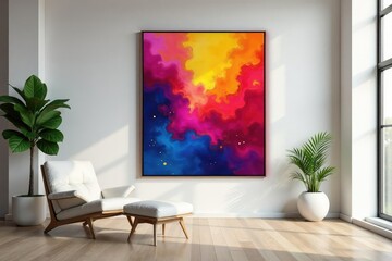 Vibrant abstract art displayed on a gallery wall in a modern interior , room, interior graphics, frame