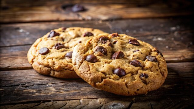 Close-up of two freshly baked chocolate chip cookies on a rustic wooden surface, capturing the warm golden brown hue and the rich chocolate chips scattered throughout the dough.