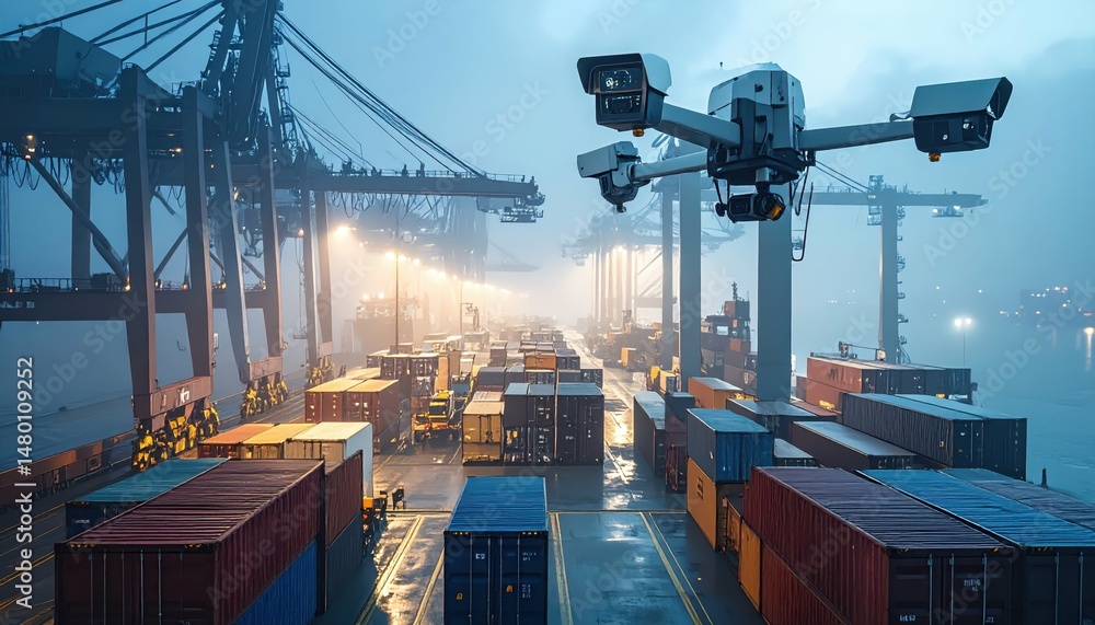 Poster aerial view of dock with cranes and shipping containers at dusk