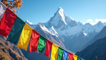 Vibrant prayer flags flutter in the wind against a majestic mountain backdrop , sky, flags