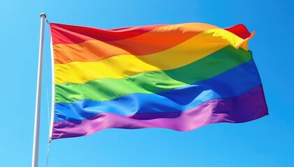 Obraz premium Vibrant rainbow flag fluttering in the breeze against a clear blue sky , outdoor, bisexual pride