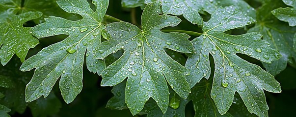 Fresh leaves glisten with water droplets after a rain, with a green and vibrant look in nature