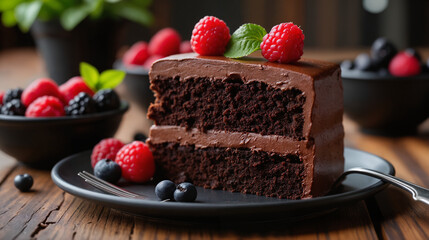 Decadent Vegan Chocolate Cake Slice – Topped with Fresh Berries and Mint Leaf for World Chocolate Day Celebrations, Dessert Blogs, and Plant-Based Recipe Inspiration