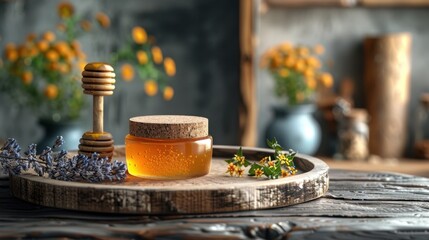 Honey jar with wooden dipper on rustic tray
