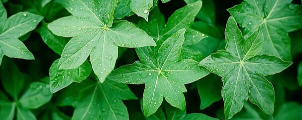 Lush green foliage, vibrant leaves glistening with morning dew.  Close-up view, rich texture