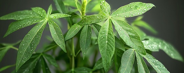 Lush green foliage with water droplets glistening on each leaf, showcasing vibrant growth