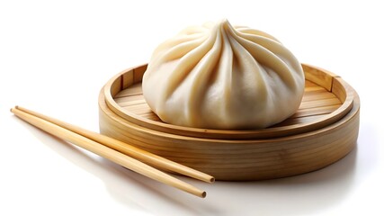A photo stock of steaming hot dumplings with visible filling and chopsticks, isolated on a clean white background, delicious and dynamic, High Quality