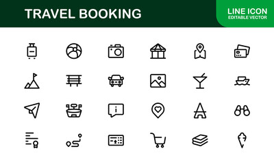 Premium Travel Reservation and Trip Planning Icon Set. Modern Vector Illustrations for Vacation, Hotel, Flight, and Transportation Design