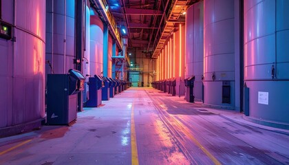 Industrial Warehouse Interior with Neon Lights and Modern Design