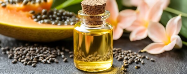 Golden oil in a glass bottle, near papaya half & seeds.  Tropical flowers add to the spa-like scene