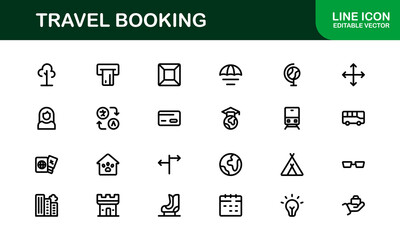 Premium Travel Reservation and Trip Planning Icon Set. Modern Vector Illustrations for Vacation, Hotel, Flight, and Transportation Design
