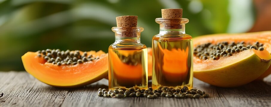 Golden oil extracted from ripe papaya fruit, displayed with its seeds on a wooden surface