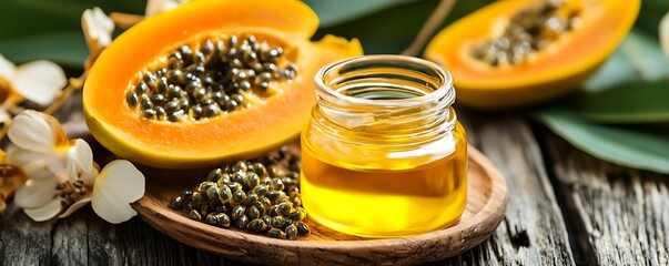 Ripe papaya halves, seeds, and golden oil in a glass jar rest on a rustic wooden surface with tropical leaves and flowers