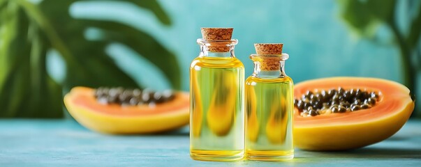 Tropical papaya fruit halves beside two small bottles of golden oil, set against a blurred teal background with tropical foliage