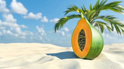 Halved papaya rests on sandy beach, beside palm tree under sunny sky
