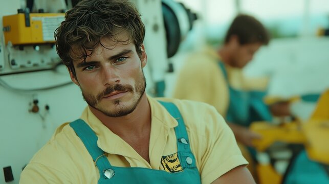 Bearded man in work attire with focus and intensity.