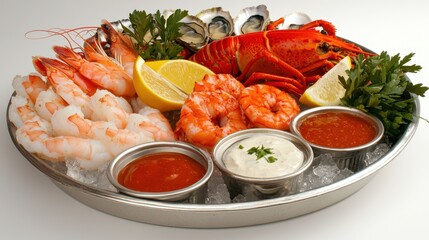 Appetizing seafood feast including lobster, shrimp, and oysters with fresh herbs and dipping sauces