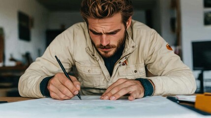 Focused man sketching at a wooden desk.