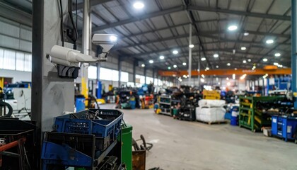 Naklejka premium Industrial Warehouse Interior with Security Camera and Equipment