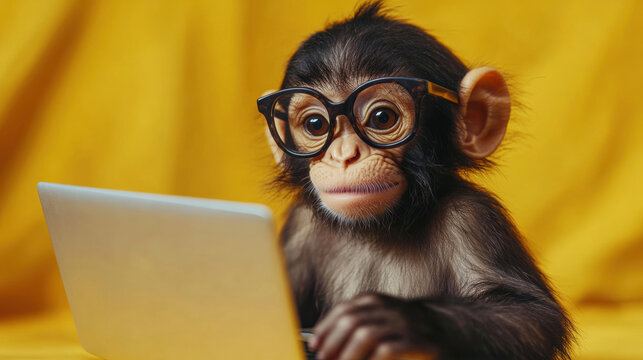 happy monkey with glasses is working on a laptop at a desk on a yellow background.