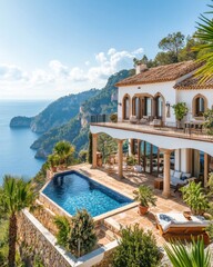 Fototapeta premium Luxury Villa with Pool Overlooking Ocean in Mallorca Spain Aerial View Mediterranean Architecture