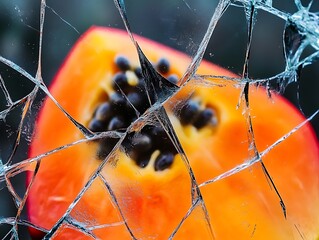 A vibrant papaya half is seen through a cracked glass pane, creating an intriguing contrast of colors and textures