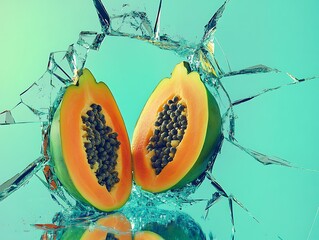 Halved papaya bursts through shattered glass, vibrant against a teal backdrop.  Sweet, juicy tropical fruit