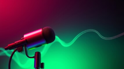 Obraz premium A professional microphone on a stand with vibrant neon green and pink sound waves behind it.