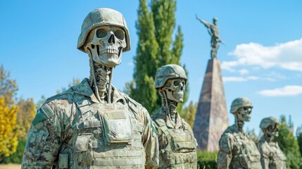 Obraz premium Artistic outdoor sculpture of skeletal soldiers in military bronze, silent and still