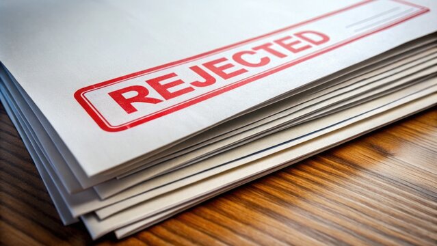 Stack of Rejected Resumes with Bold Red Stamp on Wooden Table