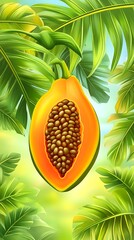 Ripe papaya, halved, showcasing its seeds and vibrant orange flesh, hangs amidst lush green tropical foliage