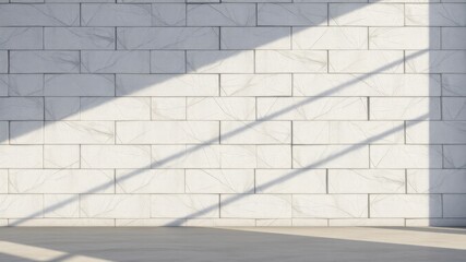 Fototapeta premium Sunlight casts dramatic diagonal shadows on a clean white brick wall interior design background texture.