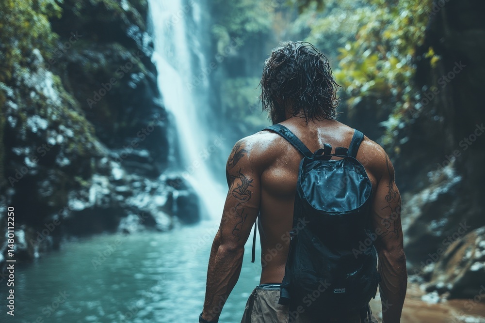 Poster man enjoying nature at a tropical waterfall while exploring a lush forest during the daytime with vi