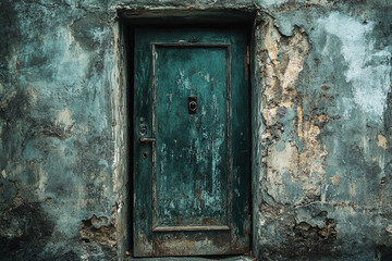 Old teal door in a weathered stone wall building exterior aged worn paint