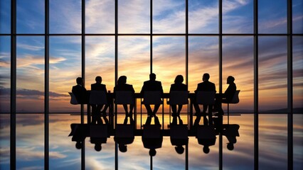 Business meeting silhouettes against a vibrant sunset, reflecting on a polished surface, creating a dramatic and professional atmosphere.