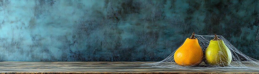 Two pears, orange and green, rest on a rustic wooden surface against a dark teal backdrop, subtly draped with cobwebs