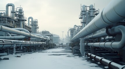 Snow-covered industrial plant with pipelines
